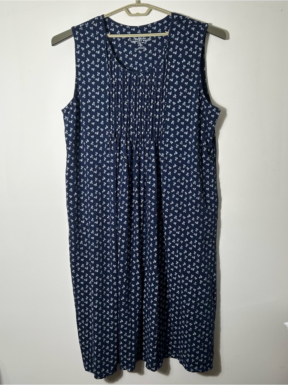 Vermont Country Store Dress 3X Blue Floral Sleeveless Cotton Pockets Jumper